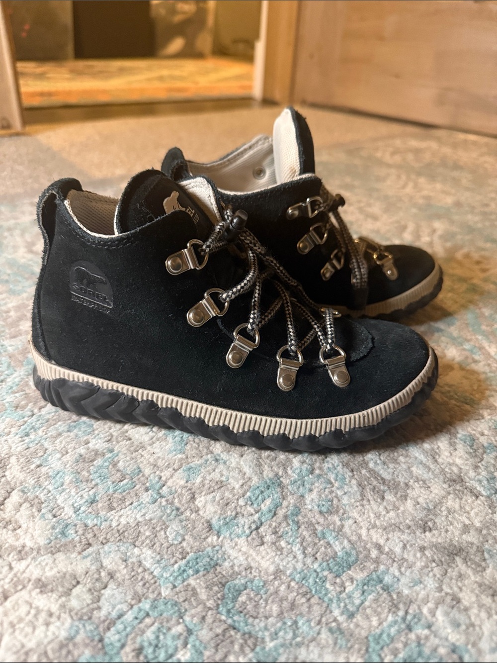 Sorel Kids Black Suede Lace-Up Hiker Boots with Cream Trim
